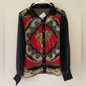 Elegant Black and Red Women's Sheer Blouse